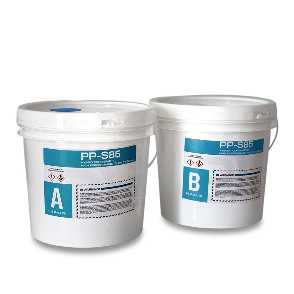 Two white buckets labeled 'PP-S85', one marked 'A' and one marked 'B', indicating a two-component coating system.